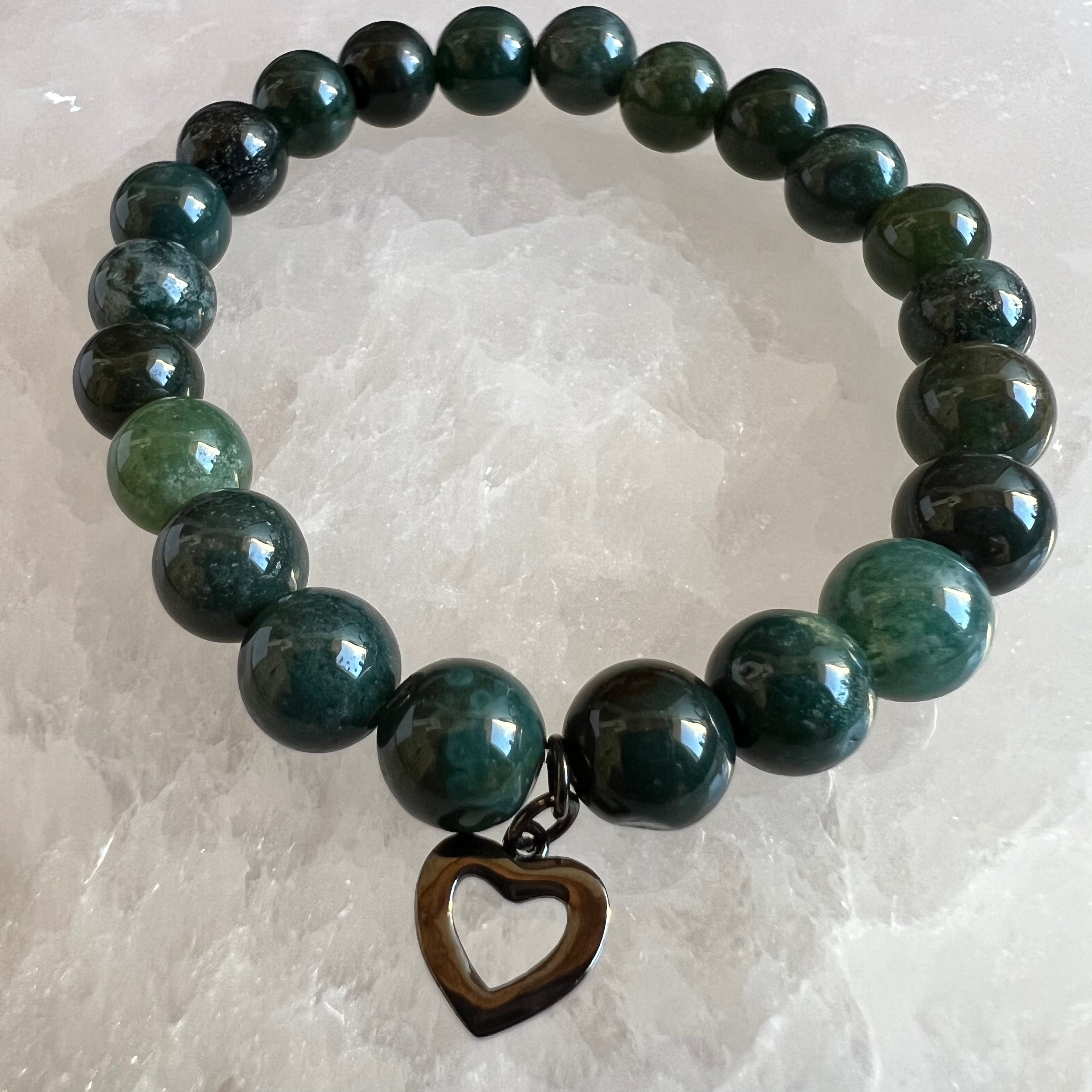 Green Moss Agate + Black Heart Bracelet