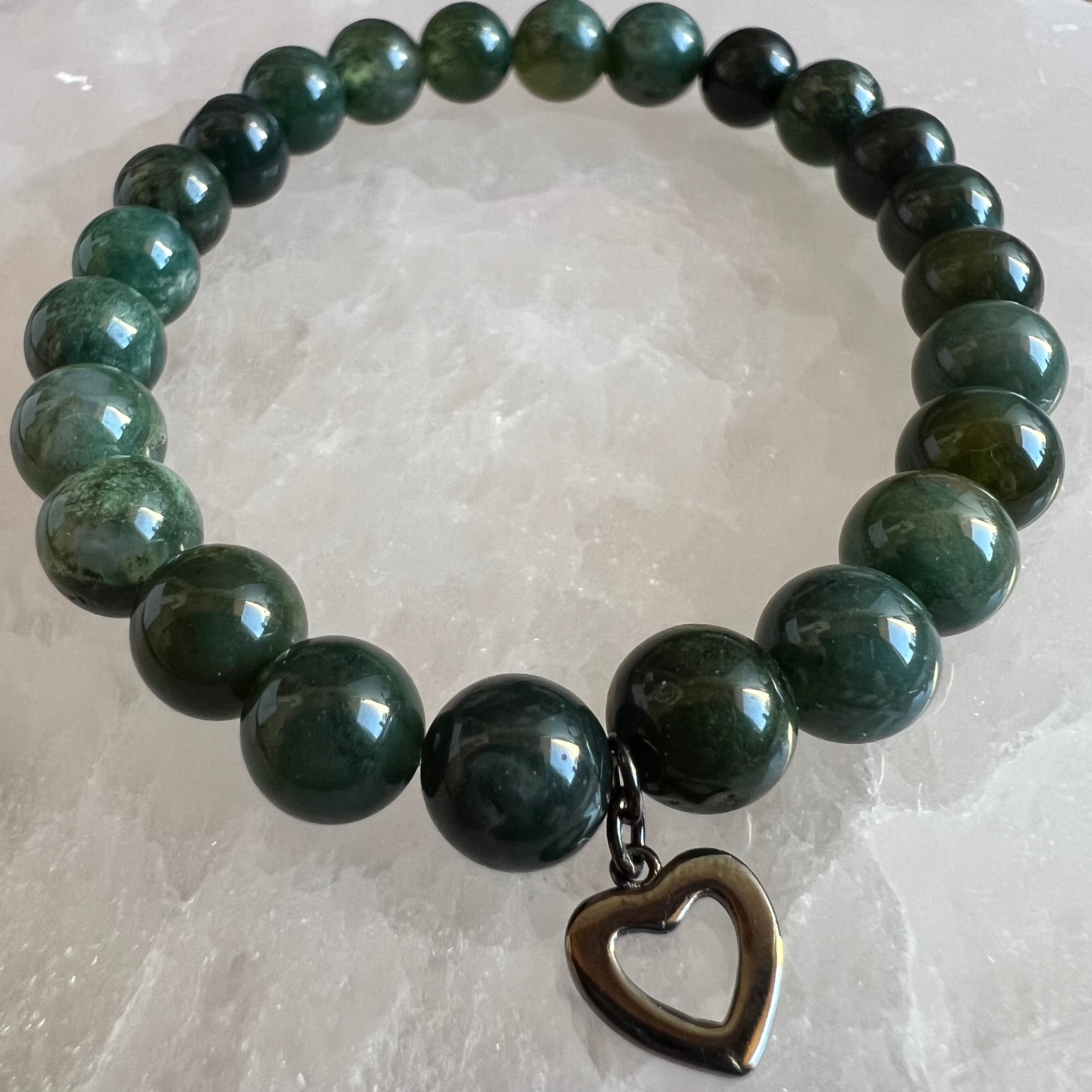 Green Moss Agate + Black Heart Bracelet